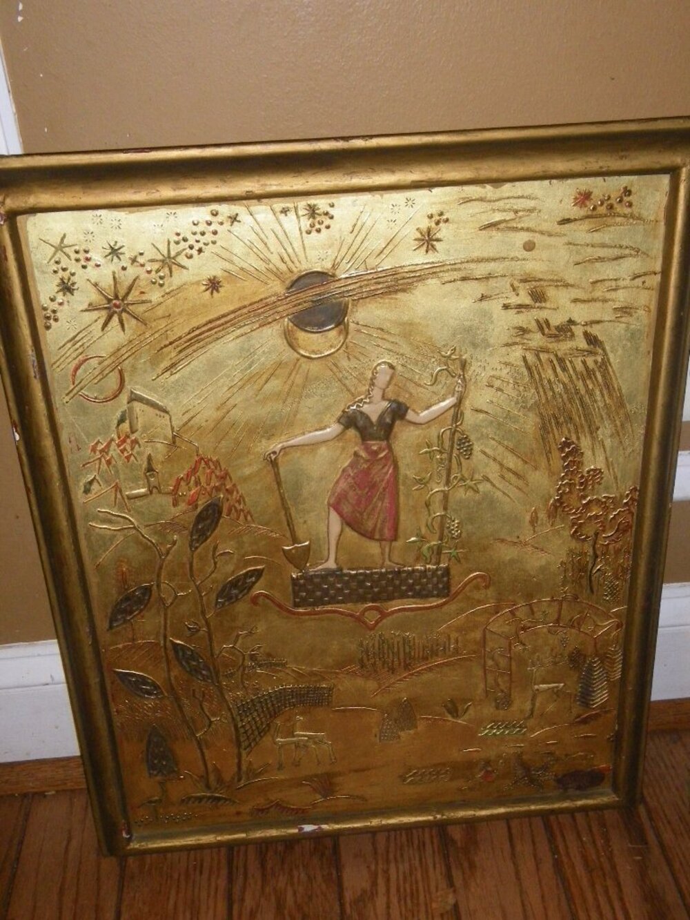 Vintage Rustic Embossed Metal Artwork Framed Modern Folksy